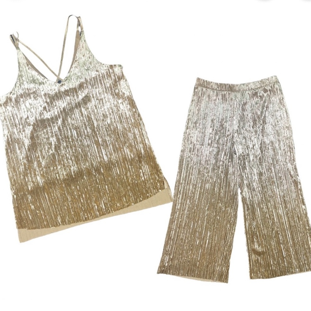 Boutique Velvet Pant Tank Set Pleated Crinkle Gold Cropped size M/L New